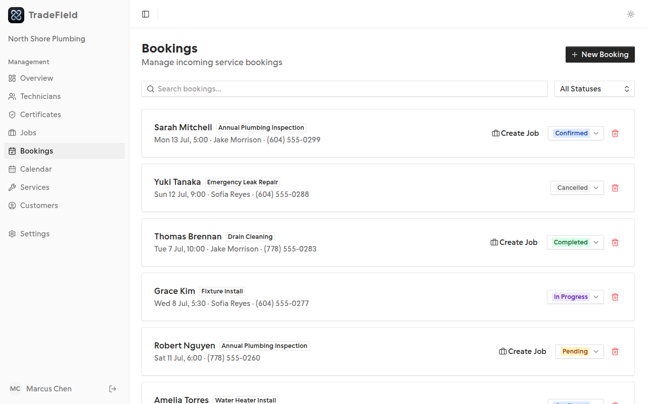 TradeField bookings page showing pending and confirmed bookings