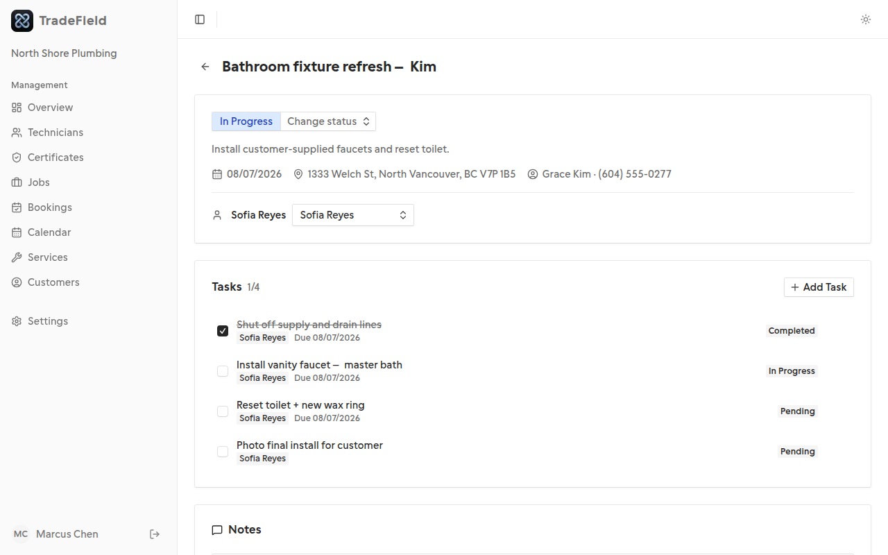 Job detail page with tasks and notes sections