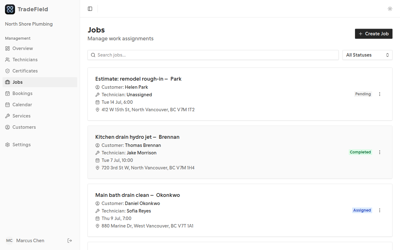 Jobs list with status badges