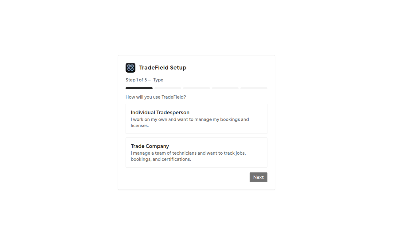 TradeField onboarding wizard showing company type selection