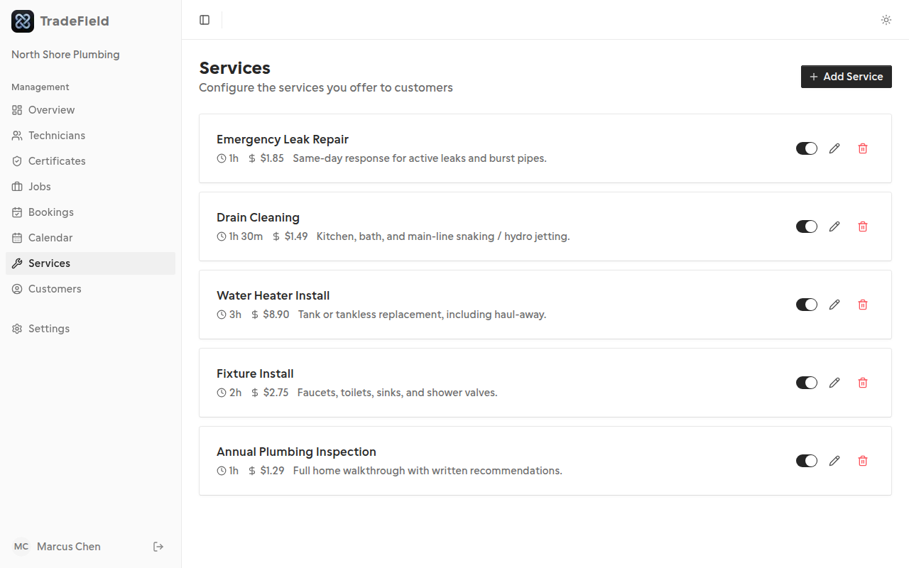 Services page with service cards