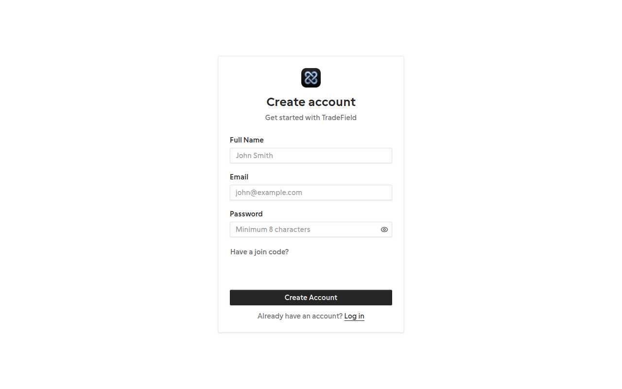 TradeField sign up form with email and password fields
