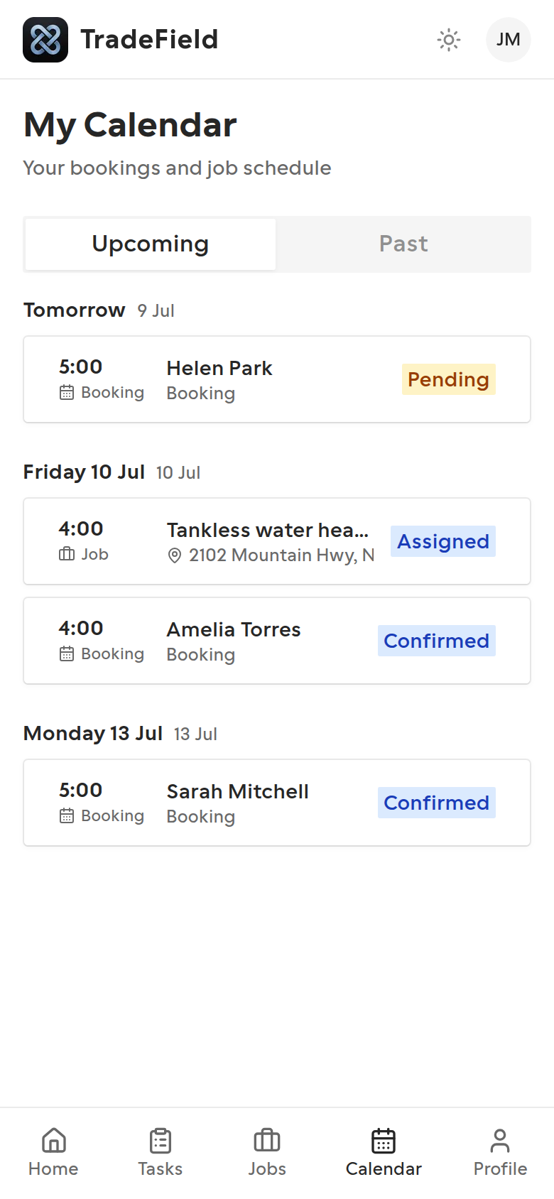 Technician calendar showing assigned bookings and jobs