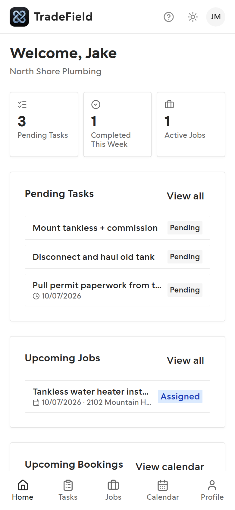 Technician home screen with stats and today's work summary