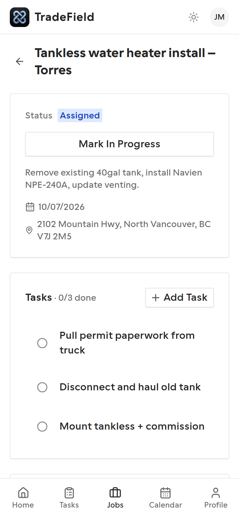 Technician job detail with tasks and status controls