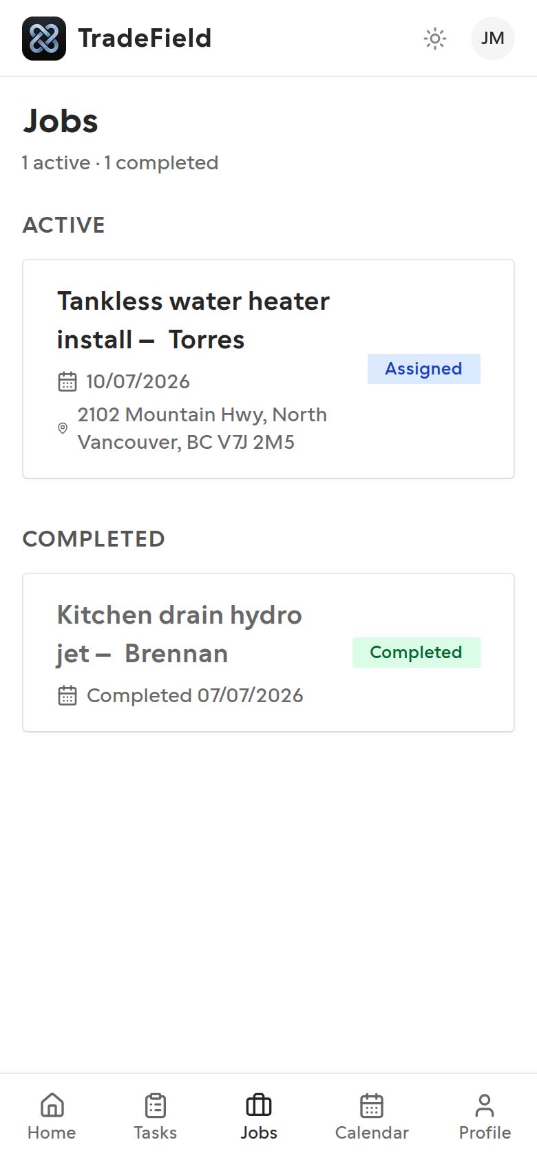 Technician jobs list showing active assignments