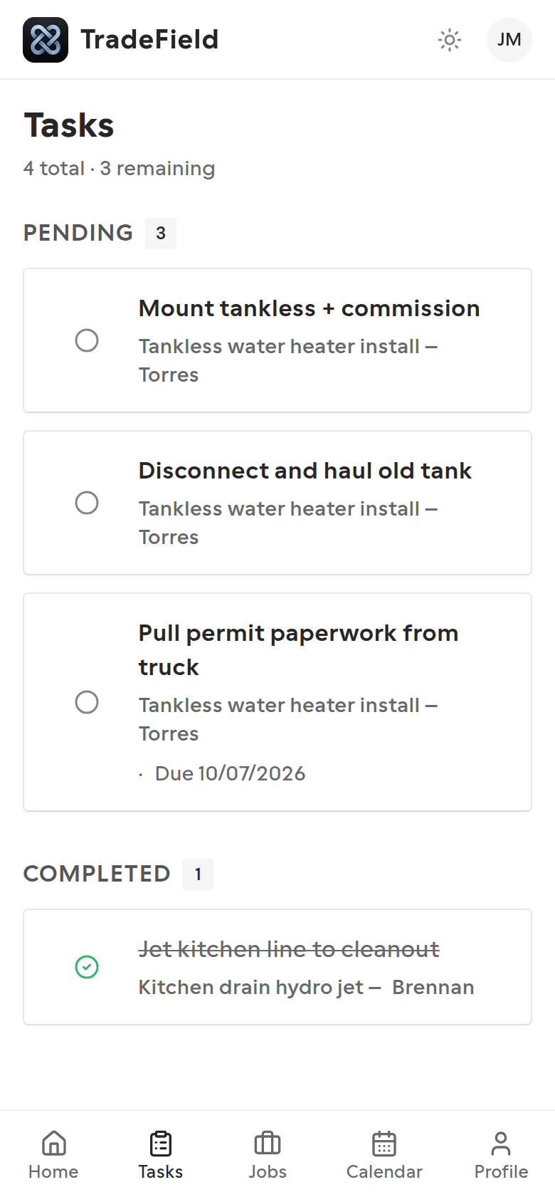 Technician tasks list with pending and completed items
