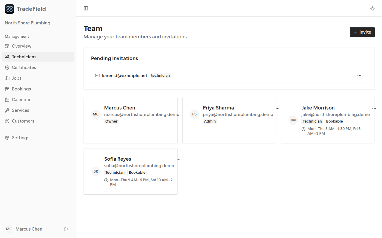 TradeField technicians page with team member list